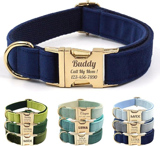 Velvet Personalized Dog Collar with Name - Customizable Dog Collar with Quick Release Metal Buckle - Leash and Bow Tie Available (Midnight Blue, S)
