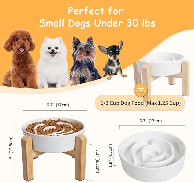 Elevated Slow Feeder Dog Bowl - Ceramic Maze Food Dish with Bamboo Stand - Raised Feeding Bowl for Fast Eaters - Ideal for Small and Medium Dogs - White - 6.7 inch