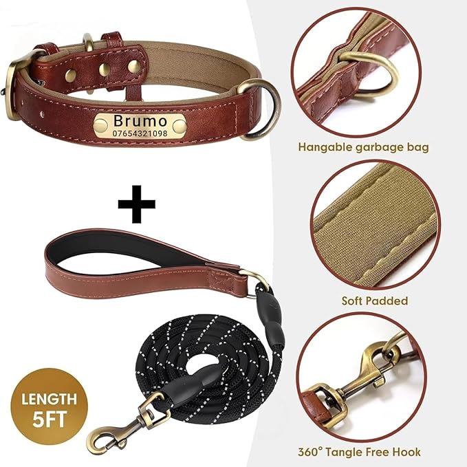 Leather Dog Collar Personalised and Leash Set, Personalized with Soft Padded Design Heavy Duty Featuring Custom Engraved Name Plate for Small Medium and Large Dogs