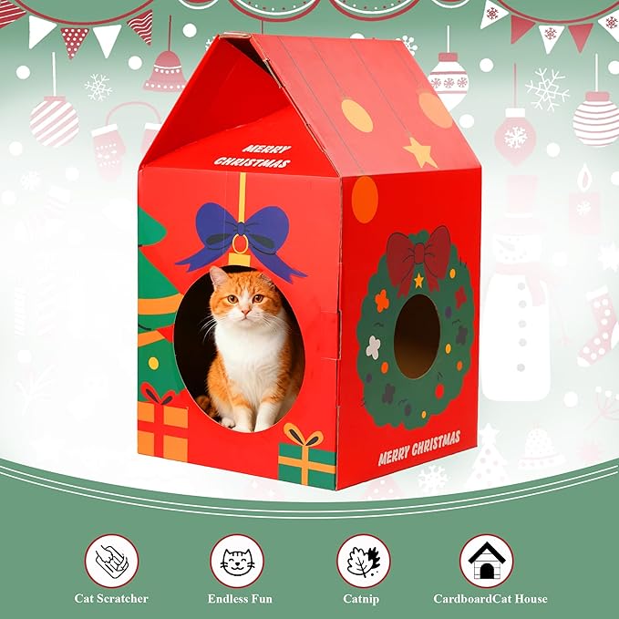 Cat House Scratcher Cardboard, Christmas Theme Thick Scratching House, pet Lounge Bed for Indoor Rest & Play, pet Scratcher Pad (12 "L X 12" W X 20" H)