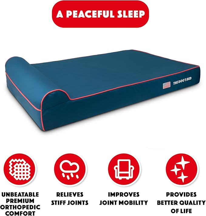 The Dog’s Bed Orthopedic Headrest Dog Bed XXL Blue Oxford with Red Trim US Flag, Memory Foam, Hip & Elbow Dysplasia, Post Surgery, Lameness, Waterproof Washable Cover