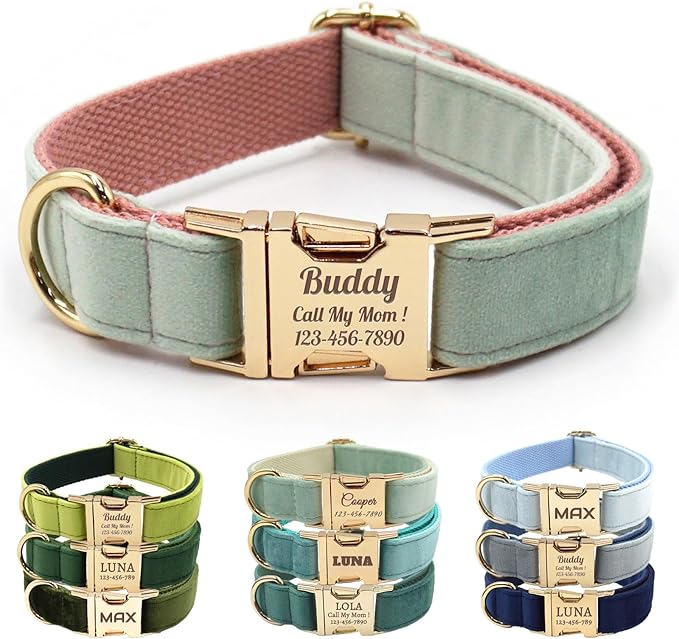 Velvet Personalized Dog Collar with Name - Customizable Dog Collar with Quick Release Metal Buckle - Leash and Bow Tie Available (Mint Green, M)
