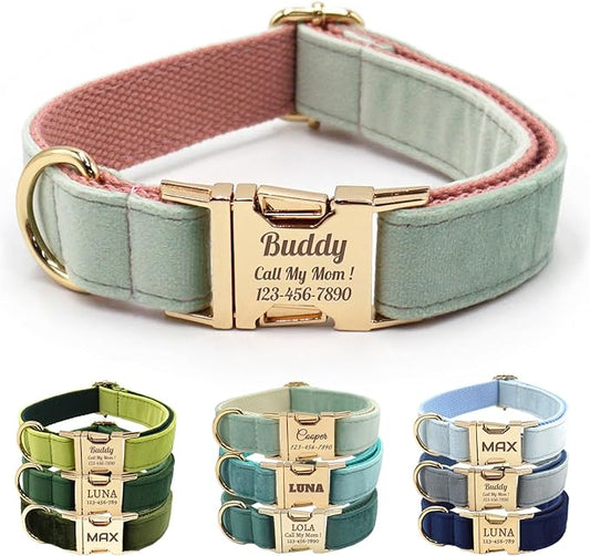 Velvet Personalized Dog Collar with Name - Customizable Dog Collar with Quick Release Metal Buckle - Leash and Bow Tie Available (Mint Green, S)
