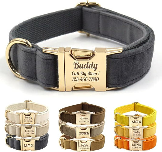 Velvet Personalized Dog Collar with Name - Customizable Dog Collar with Quick Release Metal Buckle - Leash and Bow Tie Available (Charcoal, XS)