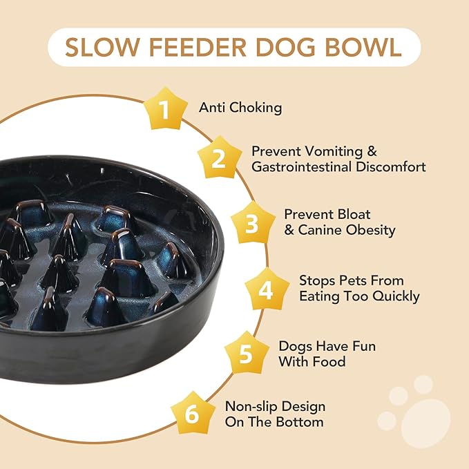 3.2 Cup Ceramic Dog Raised Slow Feeder Set, Elevated Bowl with Wooden Stand for Large Dog, 9.5inch Slow Feeder Dish for Fast Easters(Starry Sky, Single Bowl+ Stand)