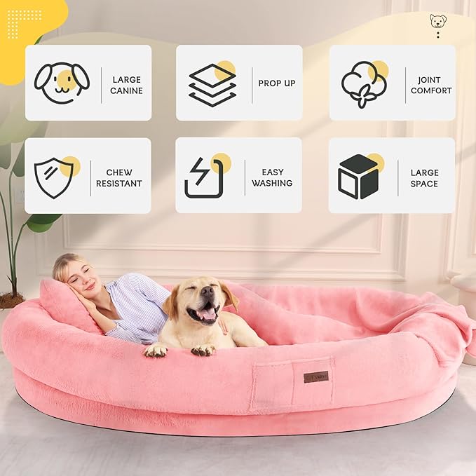 Human Dog Bed for Adults, 73"x56"x12" Washable Orthopedic Size, Faux Fur Removable, Cozy Large Present with Blanket and Pillow, Pink
