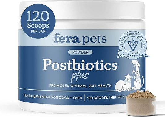Fera Pets Postbiotics Plus Prebiotics for Dogs & Cats - with Slippery Elm - Promotes Optimal Digestive Health & Inflammatory Response - Enhances Immunity - 120 Scoops