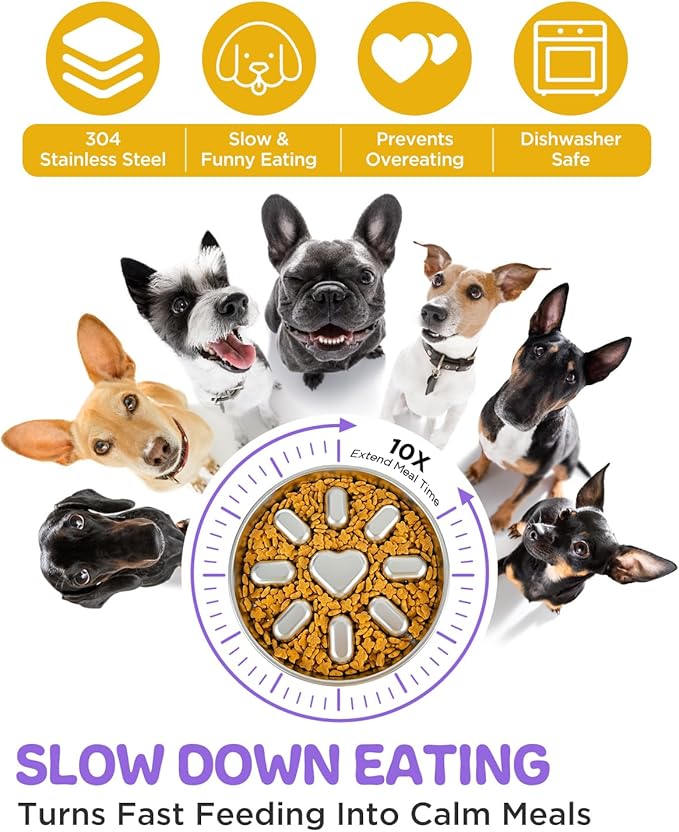 Slow Feeder Dog Bowls with Non-Slip Mat, Stainless Steel Metal Slow Feeder for Small & Medium Dogs, 2 Cups Pet Bowl for Slows Down Eating, Dishwasher Safe, Anti-Gulping Dog Bowl -2 Pack