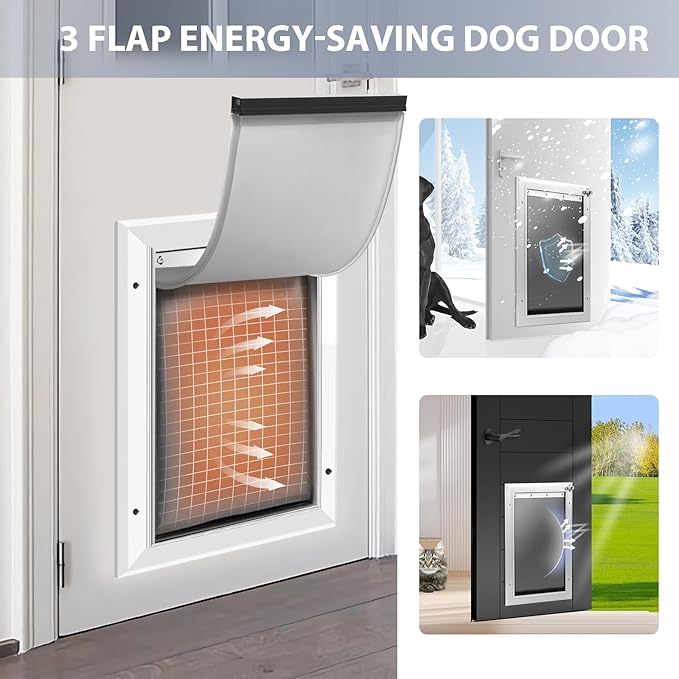 [Petoasis] 3-Flaps Heavy-Duty Dog Door, Rust Proof Aluminum Alloy Frame, Extreme Weather Dog Door Can Block Wind, Snow, and Rainwater Intrusion (Silvery White, Meduim for Door)
