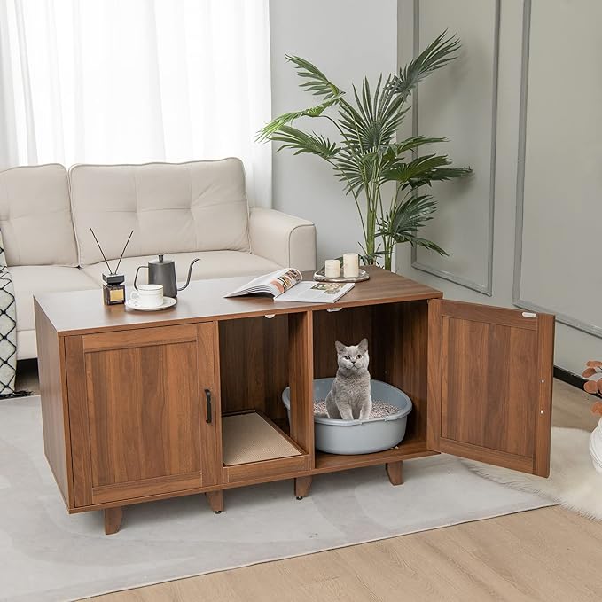 Tangkula Double Cat Litter Box Enclosure for 2 Cats, Large Stackable Hidden Privacy Cat Washroom Cabinet with Scratching Board, Indoor Cat House TV Stand Side Table, Litter Box Furniture (Brown)