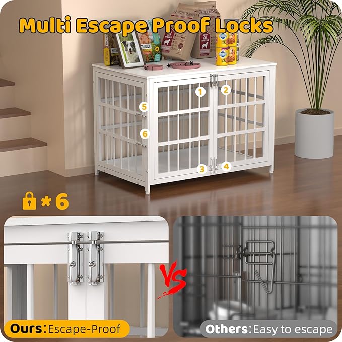 Heave Duty Dog Crate Furniture, Various Sizes & Colors Optional, Indestructible Cage for High Anxiety Dogs with Wooden Table for Indoor Decorative, Escape-Proof Locks & Double Door for Large Dogs