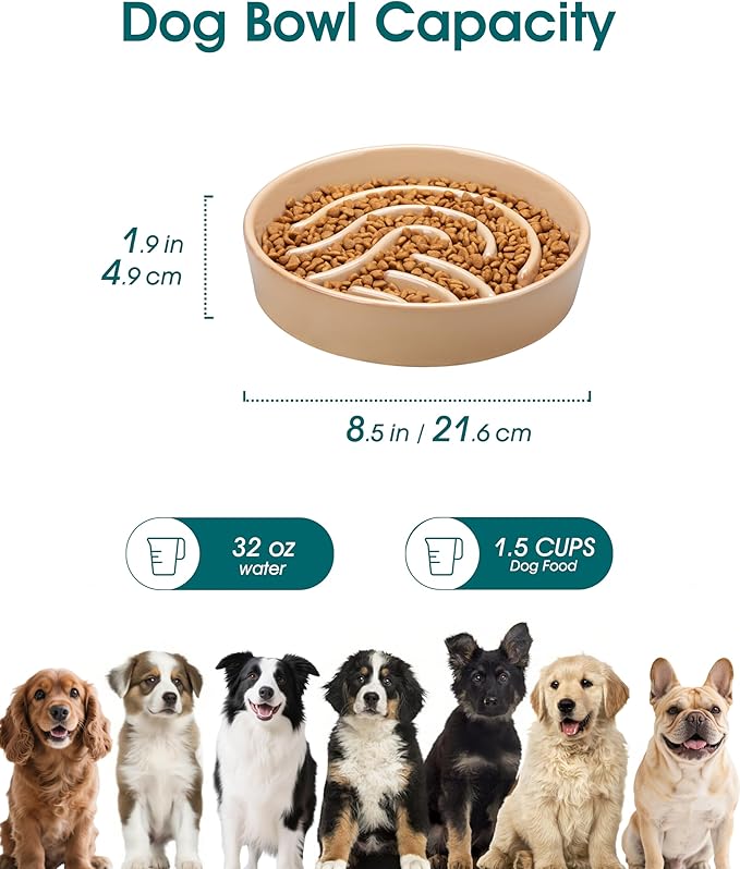 vancasso Slow Feeder Dog Bowl, 1.5 Cup Ceramic Slow Feeding Food Dish for Small and Medium Breed, Puzzle Dog Food Bowl for Fast Eater, Brown