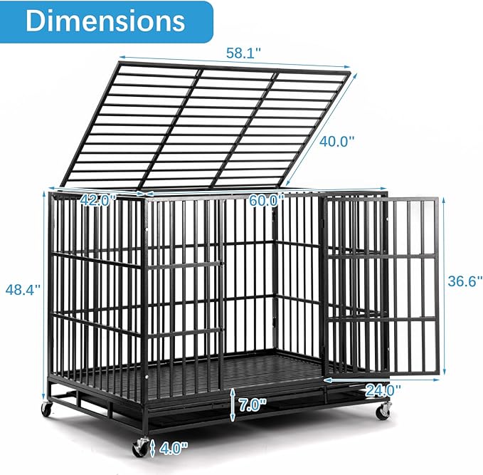 60 inch Heavy Duty Dog Crate, Folding Dog Kennel No Assembly, Escape Proof Large Dog Cage Kennel with Lockable Wheels, High Anxiety Pet Playpen with Double Door Indoor/Outdoor
