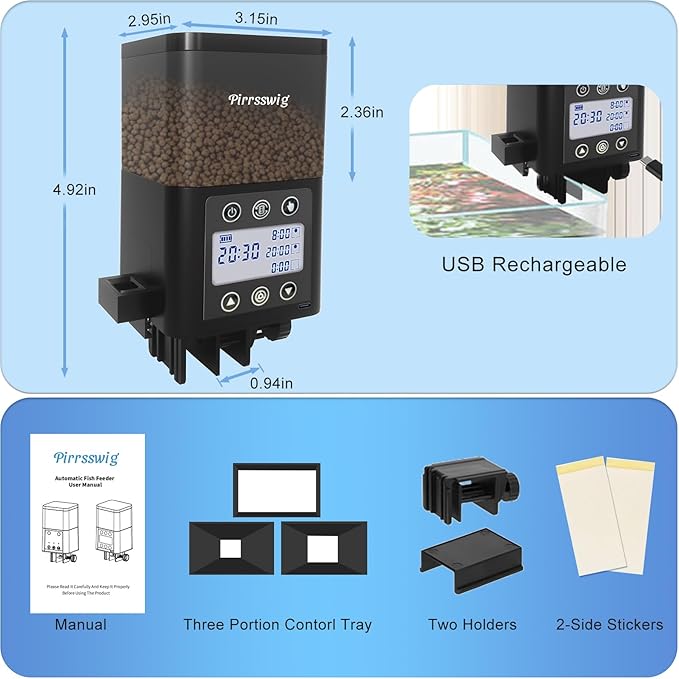 Automatic Fish Feeder for Aquarium - Fish Feeder Automatic Dispenser with Timer, LCD Display, Precision Feeding, Auto Fish Food Vacation Feeder for Fish Tank Accessories, USB Rechargeable
