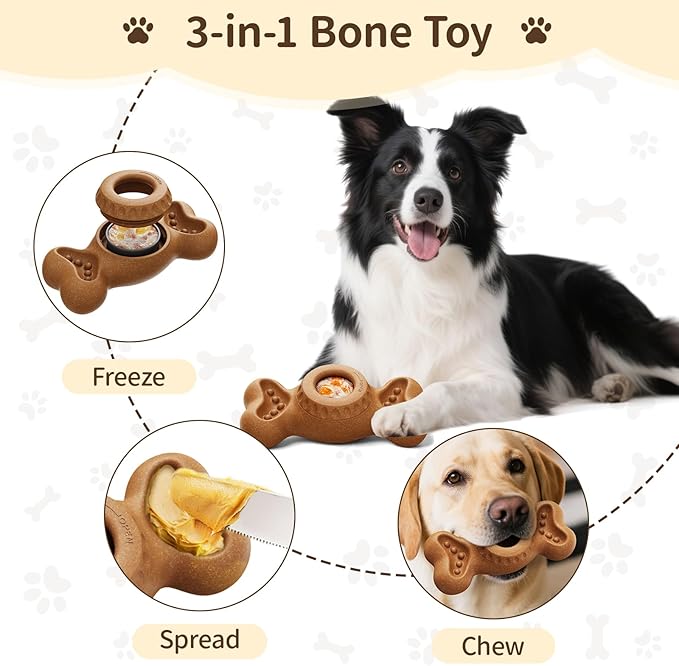 3-in-1 Enrichment Dog Toy for Aggressive Chewers, Frozen Treat Toy & Interactive Treat Dispenser with Peanut Butter Grooves, Long Lasting Chew Toy for Large Dogs, Easy to Clean, Brown
