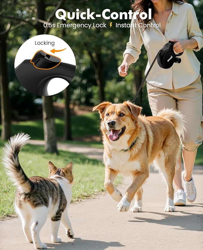 26ft Retractable Dog Leash with Chew Proof Extender, 2025 Upgraded Heavy Duty Retractable Pet Leash with Poop Bag Holder,Anti-Slip Grip, Reflective Leashes for Medium Large Pets 33lbs-120lbs (Black)