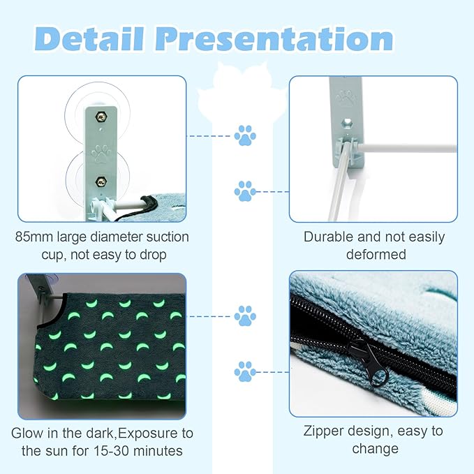 Glow in The Dark Cat Window Perch, Large Foldable Hammock Bed with 4 Strong Suction Cups and Warm Soft Zipper Removable Cushion for Indoor Cats (Moon)