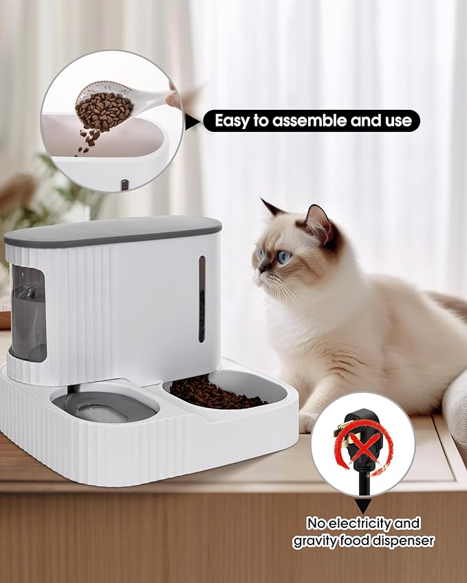 Cat Feeder and Water Dispenser,2 in 1 Gravity Automatic Bowl Auto Pet Dry Food Self Feeding Container Dishes Set for Dog Puppy Kitten Kit Set (Grey)