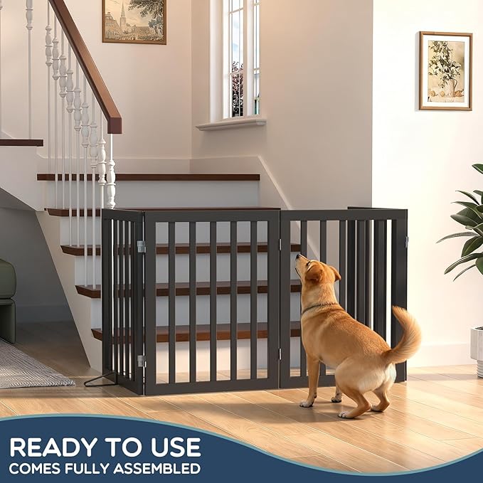 Homykic Bamboo Freestanding Dog Gate, No Assembly Pet Gate Indoor, 24”H x 75”W Extra Wide Foldable Puppy Barrier Fence with Support Feet for The House, Doorways Stairs, 4 Panels, No Drilling, Black