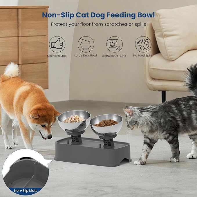 Elevated Cat Bowls, 4 Height Adjustable Cat Food Bowl Stainless Steel, Raised Dog Cats Bowls Elevated Pet Food and Water Bowl, Non-Slip Tilted Pet Feeder Anti Spill for All Cats Puppies