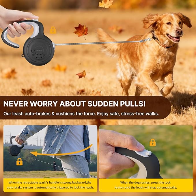 AutoBrake Retractable Dog Leash for Medium and Large Dogs, 360° Tangle-Free Dog Leash and 16Ft Strong Nylon Tape, Ergonomically Comfortable and Lightweight Grip Handle (Black)