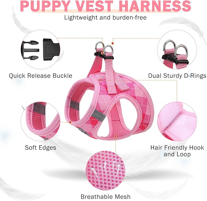 SCENEREAL Small Dog Harness and Leash Collar Set, Step in No Pull Soft Mesh Dog Harnesses for Small Medium Sized Dogs Puppy and Cats Outdoor Walking, No Chock Reflective Vest Harness, Pink Plaid S