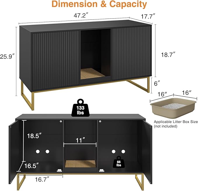Kitty Litter Box Enclosure for 2 Cats, Small Hidden Cat Litter Box Furniture with Scratch Pad, Modern Fluted Double Litterbox Cabinet TV Stand for Kittens, Black