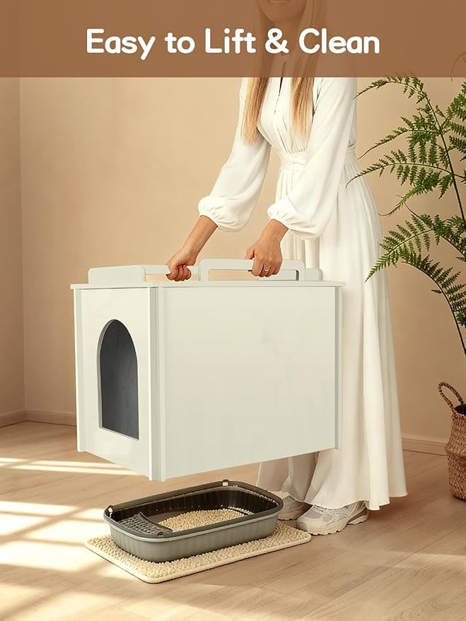 Wooden Cat Litter Box Enclosure, Hidden Litter Box Furniture with Litter Mat, Multi-Functional Cat House, for Living Room Bedroom Indoor, 23.2 x 17.7 x 19.3 inches, Beige