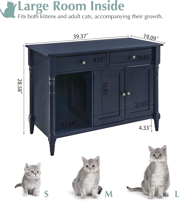 Pet Litter Box Enclosure, Hidden Litter Box Furniture with Storage Shelf, Indoor Cat House with 2 Drawers, Wooden Cat Washroom Modern Console, Pet Storage Cabinet, Fit Most of Litter Box