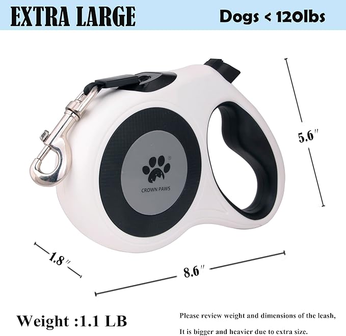 16 ft Retractable Dog Leash for Extra Large Dogs up to 130 lbs,Tangle-Free Nylon Tape,White Dan24 XL
