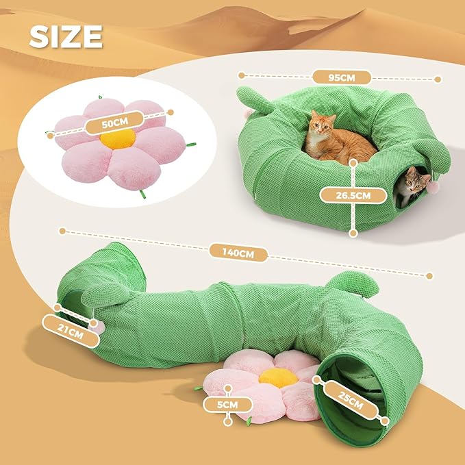 PEQULTI Cat Tunnel, Cactus Cat Tunnel with Flower Bed for Indoor Cats, Cat Donut Tunnel, Round Tube Toys Cute Tube for Kittens, Puppies, Rabbits and Ferrets, Green