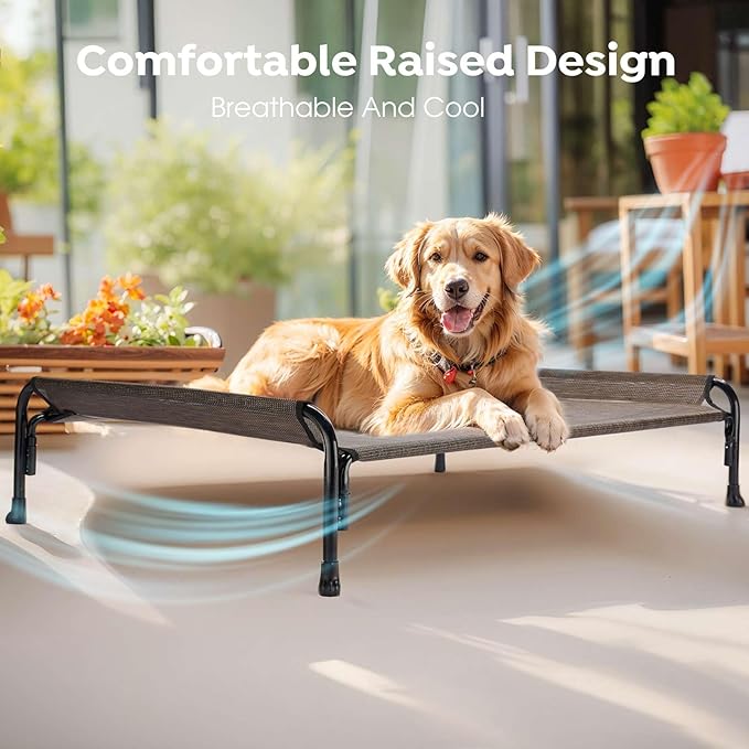 Veehoo Outdoor Elevated Dog Bed, Raised Dog Cot for Small Medium Dogs, Cooling Washable Waterproof Pet Hammock Beds with Slope Headrest, Breathable Mesh and Sturdy Frame, M, Brown, CWC2204