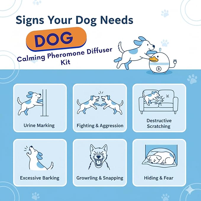 Dog Calming Pheromone Diffuser Kit | Natural Anxiety & Stress Relief for Dogs | Reduces Barking, Chewing & Restlessness | Covers Up to 700 sq ft – Vet Recommended | 60-Day Plug-In Refill Included