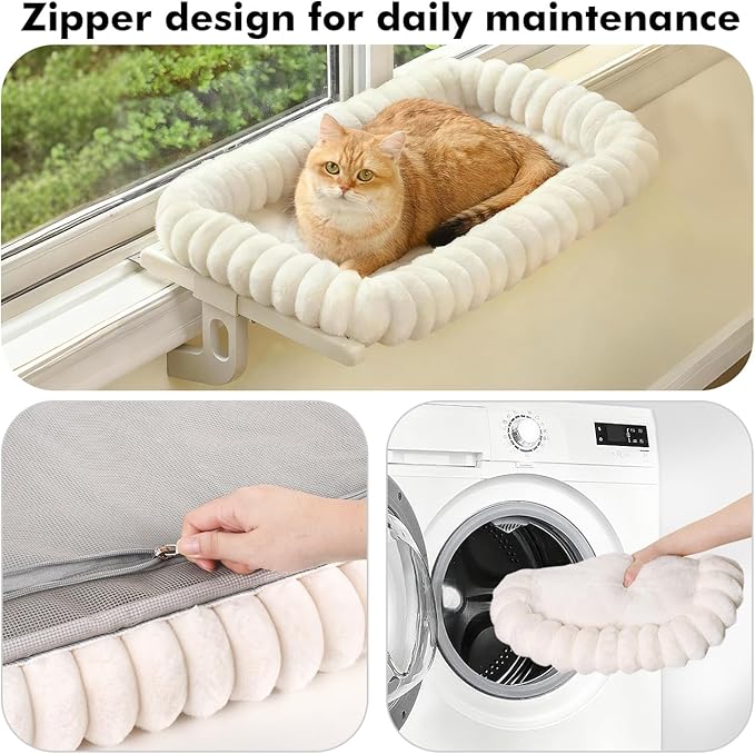 Cloud-Cuddle Cat Window Perch with 4-Sided Bolster, Zipper Design Cushion Window Seat for Window Sill, Sturdy Metal Frame & Easy Assembly Pet Hammock Bed for Indoor Cats (White, Large)