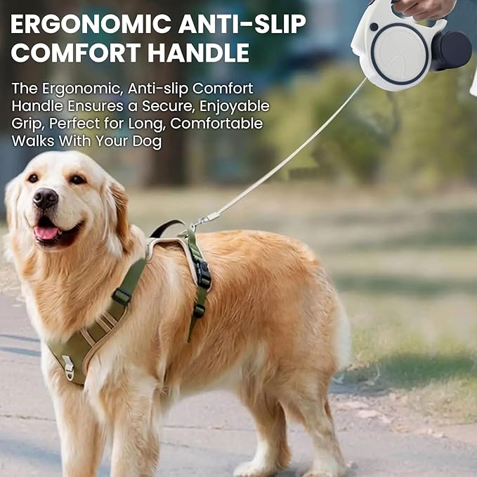 Best Dog Supplies Retractable Fancy Leash with Flashlight and Dispenser for Safe and Comfortable Walk with Your Pet - 16 ft White Dog Leash Suitable for All Pets