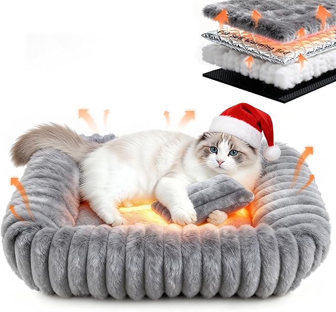 Cat Beds for Indoor Cats, Square Self Warming Cat Bed Orthopedic Pet Bed with Pillow Super Soft Rabbit Fur Small Dog Beds, Calming Plush Kitten Bed with Removable Washable Cover & Anti-Slip Bottom
