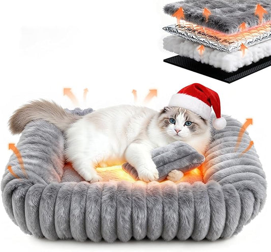 Cat Beds for Indoor Cats, Square Self Warming Cat Bed Orthopedic Pet Bed with Pillow Super Soft Rabbit Fur Small Dog Beds, Calming Plush Kitten Bed with Removable Washable Cover & Anti-Slip Bottom