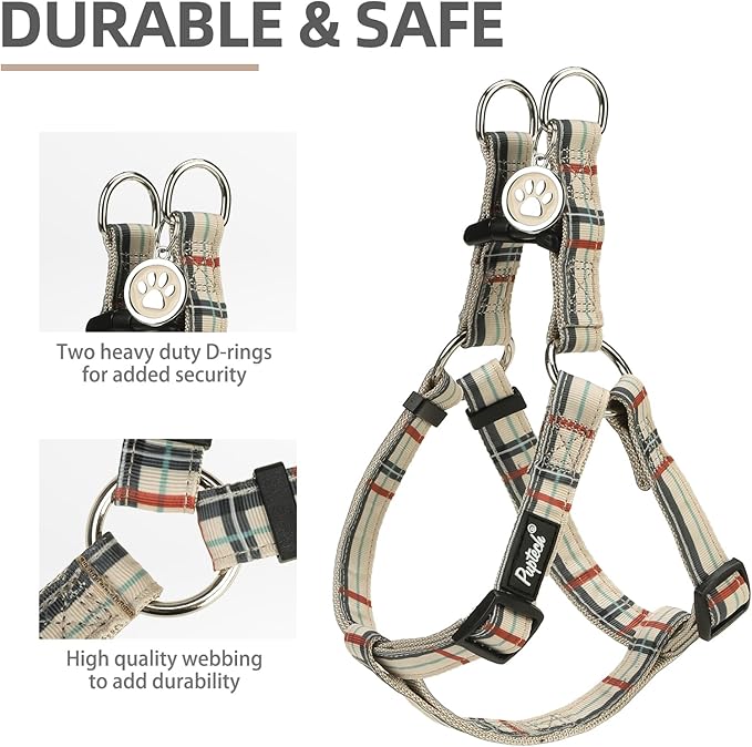 PUPTECK No Pull Dog Harness Soft Adjustable Basic Nylon Step in Puppy Vest Outdoor Walking with ID Tag, Plaid Beige, S