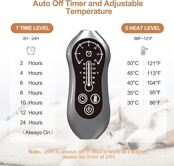 Pet Heating Pad 36X24'' for Large Dogs Temperature Adjustable Heated Dog Cat Bed Warmer with Timer Auto Off Heavy Duty Chew Resistant Cord Waterproof Warming Blanket Mat for Pets (Grey, 24X36``)