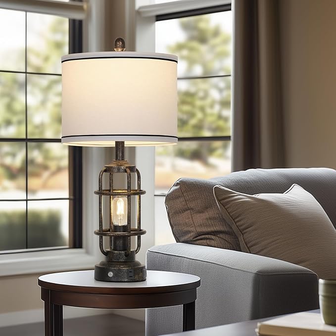 26" Vintage Industrial Table Lamps Set of 2, Farmhouse 3 Way Dimmable Touch Control LED Night Lights Table Lamp with USB A+C Ports & AC Outlet, Rustic Retro Beside Nightstand Lamp for Bedrooms Bronze