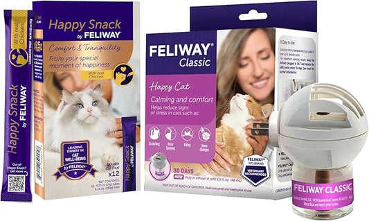 FELIWAY Classic 30 Day Cat Calming Pheromone Diffuser Kit & Happy Snack Delicious Calming cat Treats (12-ct Chicken Flavor)