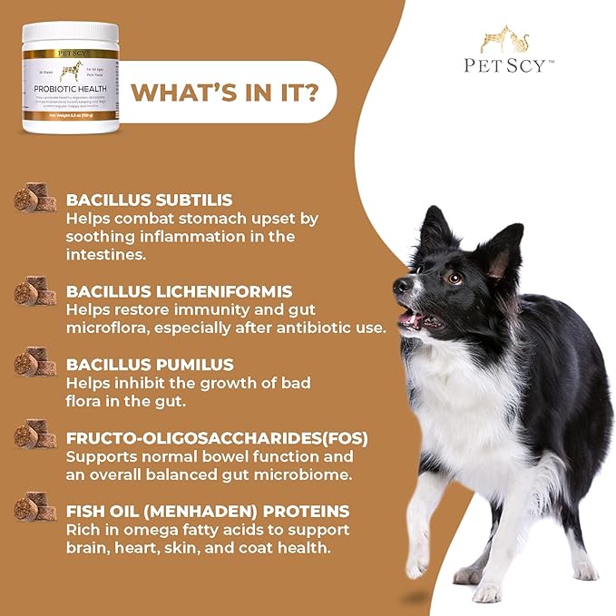PetScy - Probiotic Chews for Dogs, Probiotic for Dogs of All Ages, Sizes & Breeds with Prebiotic Fiber and Pure Omega-3 | Improves Skin, Coat, and Gut Health, 30 Chews