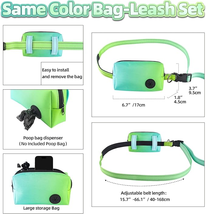 Roses&Poetry Hands Free Dog Leash with Zipper Pouch, 6-9ft Bungee Waist Leash for Medium Large Dogs Walking, Running Lead with Dual Padded Handles Car Safety Buckle for Training Jogging