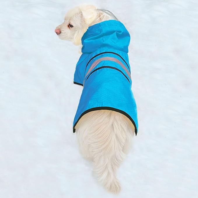 Dog Raincoat Waterproof Reflective Slicker - Lightweight Breathable Hooded Poncho Rain Coat Jacket with Adjustable Belly Strap and Leash Hole for Small Medium Large Dogs (Large, Blue)