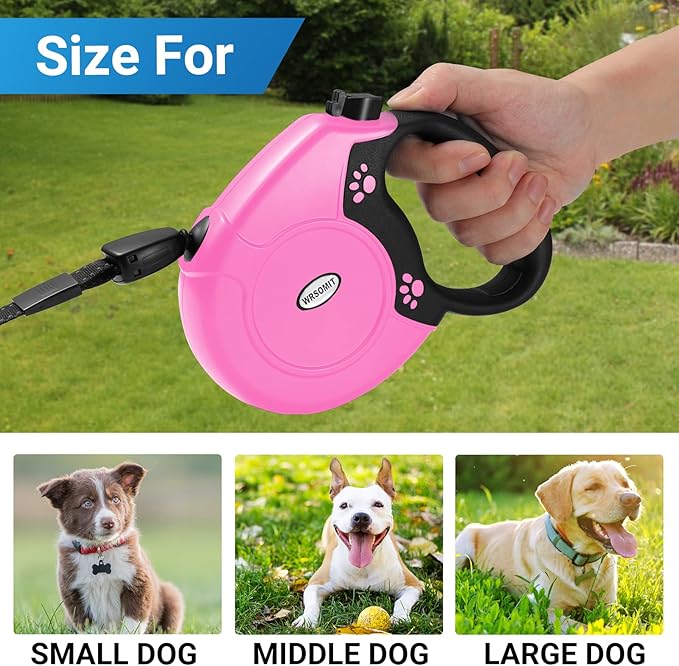 Retractable Dog Leash, 26 Ft Heavy Duty Pet Walking Leash for Small Medium Large Dogs up to 99lbs, Anti-Slip Handle, 360 ° No Tangle, Nylon Tape, One-Handed Brake (Pink)