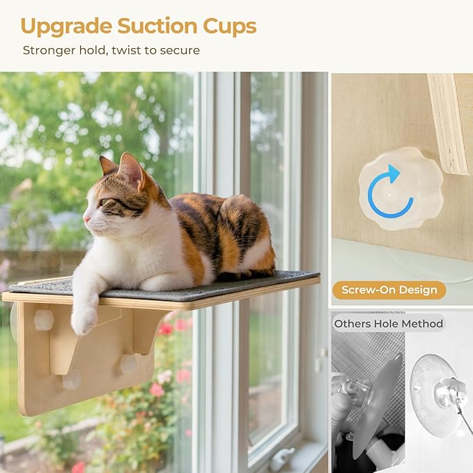 Pecute 2-in-1 Large Cat Window Perch & Wall Shelves, Cat Hammock Window with Solid Wood, Strong Suction Cup, Washable Cover Mat, Window seat Indoor, Cats Perch Bed for Birds Watching Inside, 21"x11"