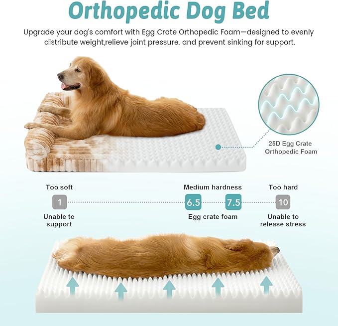 Cute Dog Bed, Faux Rabbit Fur Orthopedic Foam Dog Bed with Sides, Removable Washable Cover & Waterproof Lining, Comfortable Pet Couch for Large Dogs, Tie-Dye Brown (44" L x 32" W x 7" Th)