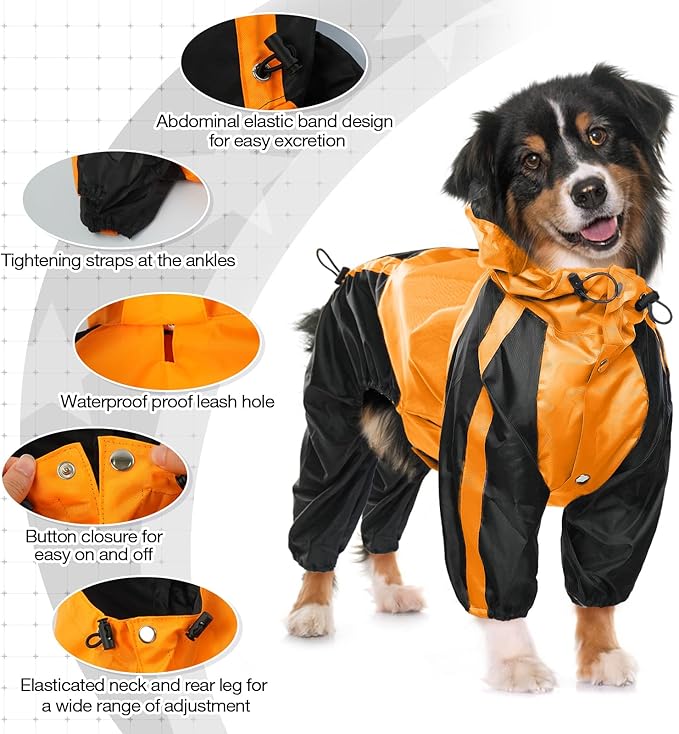 Dog Raincoat - Waterproof, Lightweight Jacket for Large Dogs - Adjustable 4 Legs Pet Poncho With Hood, Snow-Proof Vest, Leash Hole