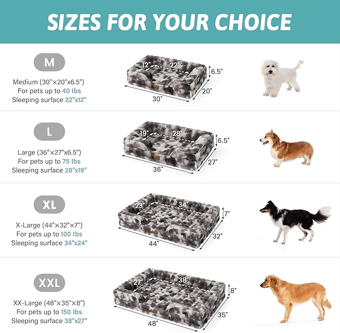 Orthopedic Dog Bed for Extra Large Dog, Soft and Warm Faux Fur Sofa for Giant Pet Up to 150 lbs, Foam Bolster Anti-Slip Couch with Washable Removable Cover, XXL 48x35x8 inch, Tie Dye Grey