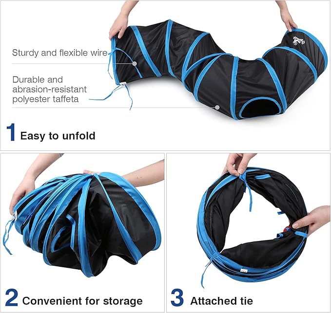 Pawaboo Cat Toys, Cat Tunnel Tube S-Shaped Tunnels 25x97cm Extensible Collapsible Cats Play Tent Interactive Toy Maze Cats House with Balls and Bells for Kitten Kitty Rabbit Small Animal, Blue